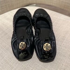 Tory Burch Black Flats with Gold Logo